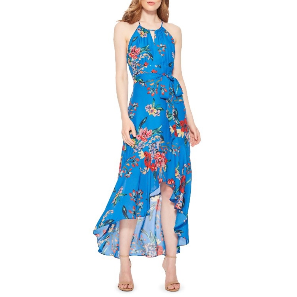 Parker Women's Blue Davina Printed Halter Sleeveless Hi-Low Dress Size 4